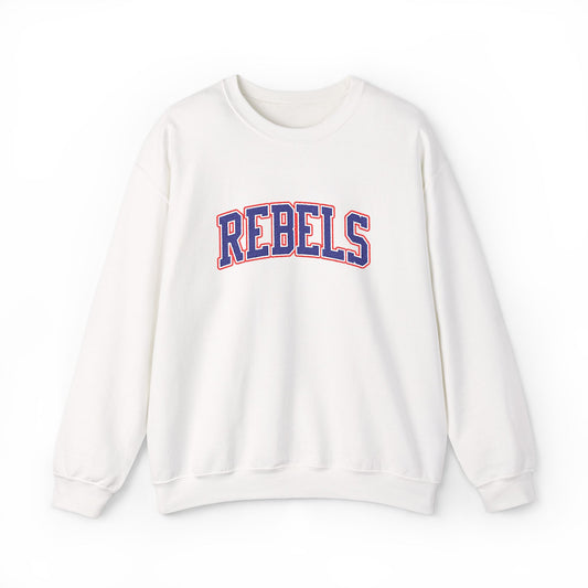 Rebels Graphic Crewneck Sweatshirt — Retro Collegiate Embroidered Lettering