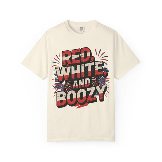 Red, White, and Boozy Ivory T-Shirt, Unisex Garment-Dyed Tee, Fourth of July Shirt, Patriotic Apparel, Summer Party Top, Alcohol Lover Gift