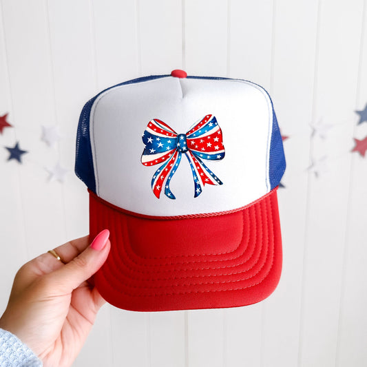 America Ribbon, Coquette, Patriotic, Snapback Trucker Hat