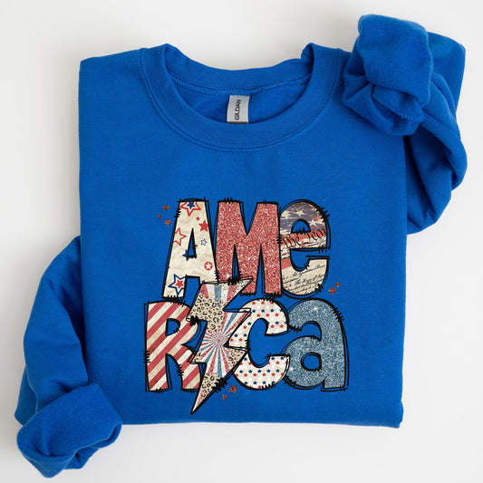 America, Patriotic Lightening Bolt Patterns Patch Sweatshirt