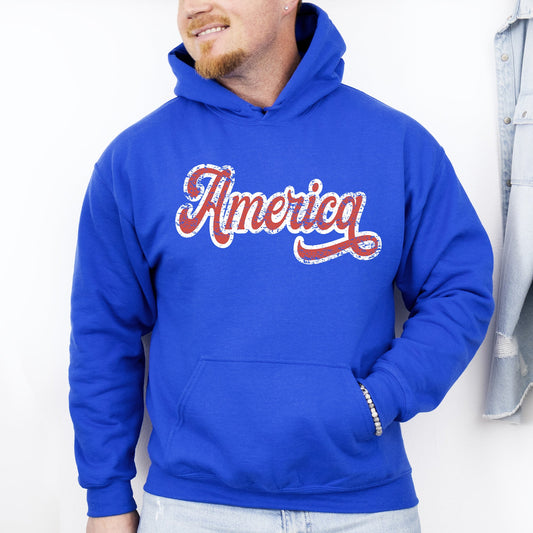 America, Red, White, Varsity, Retro, Patriotic, USA, 4th of July Hoodie, Hooded Sweatshirt