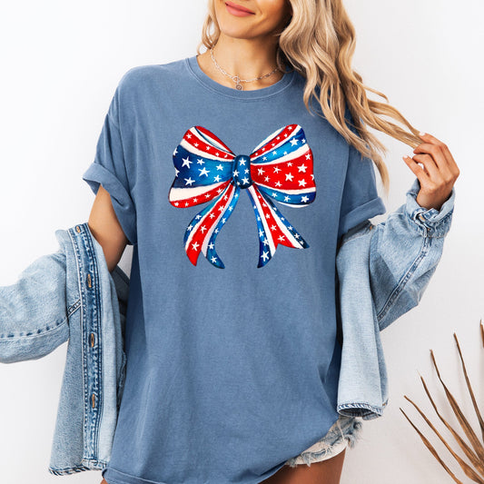 American, Bow, Red, White, Blue, Patriotic, 4th of July Tshirt Comfort Colors T-Shirt