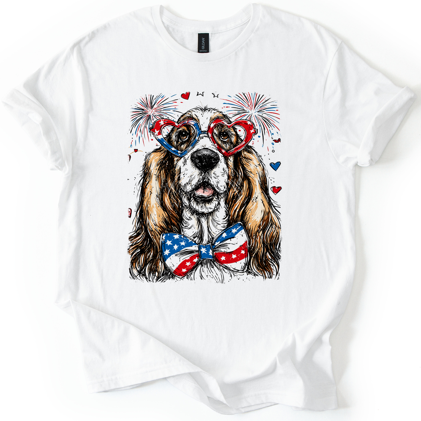 Basset Hound Patriotic Dog, USA, America, Pet Lover, 4th of July, Soft Style T-Shirt