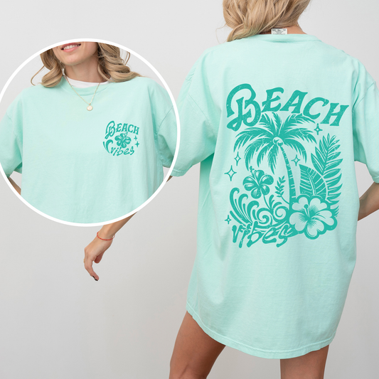 Beach Vibes, Flower, Blue, Summer, Front and Back, Retro, Hibiscus, Comfort Colors T-Shirt