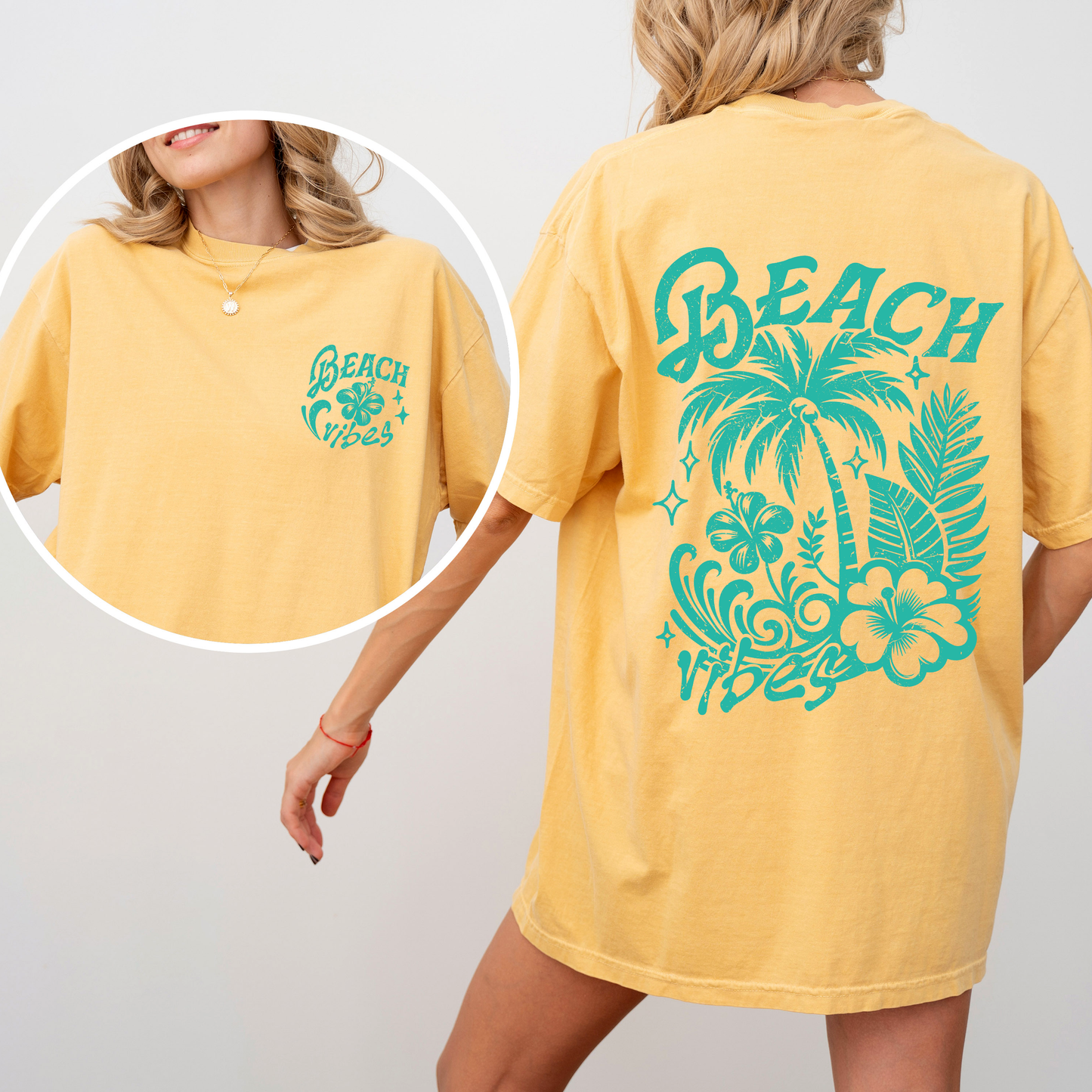 Beach Vibes, Flower, Blue, Summer, Front and Back, Retro, Hibiscus, Comfort Colors T-Shirt