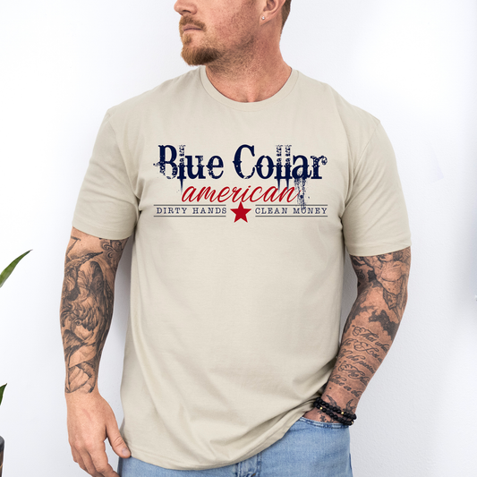 Blue Collar American, Dirty Hands, Clean Money, Dad, Father's Day, Husband, Guy Gift, Soft Style T-Shirt
