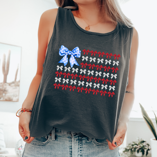 Bow Flag, Cute, Coquette, Fourth of July, America, Patriotic, USA Comfort Colors Tank Top