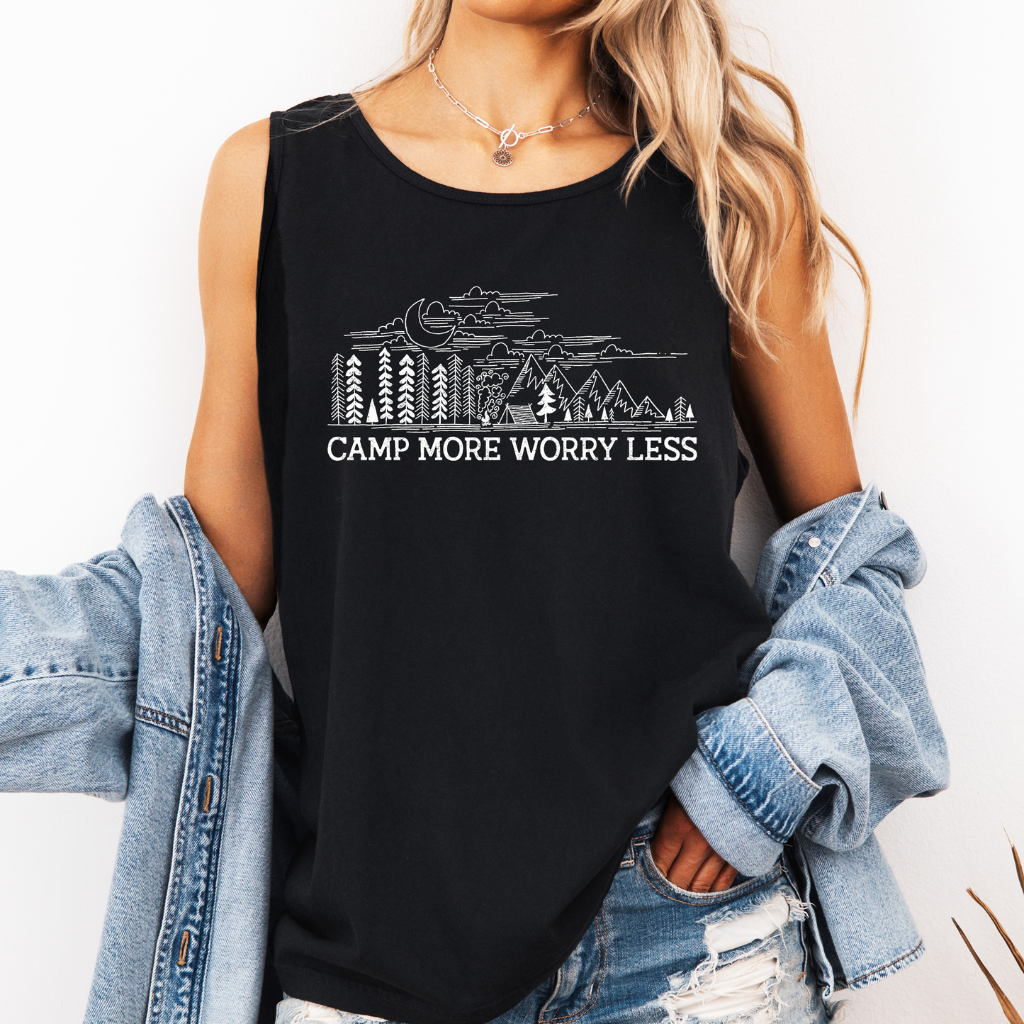 Camp More Worry Less, Camping, Hiking, Outdoors, Nature Comfort Colors Tank Top