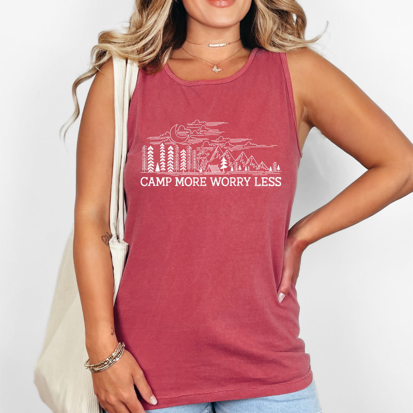 Camp More Worry Less, Camping, Hiking, Outdoors, Nature Comfort Colors Tank Top