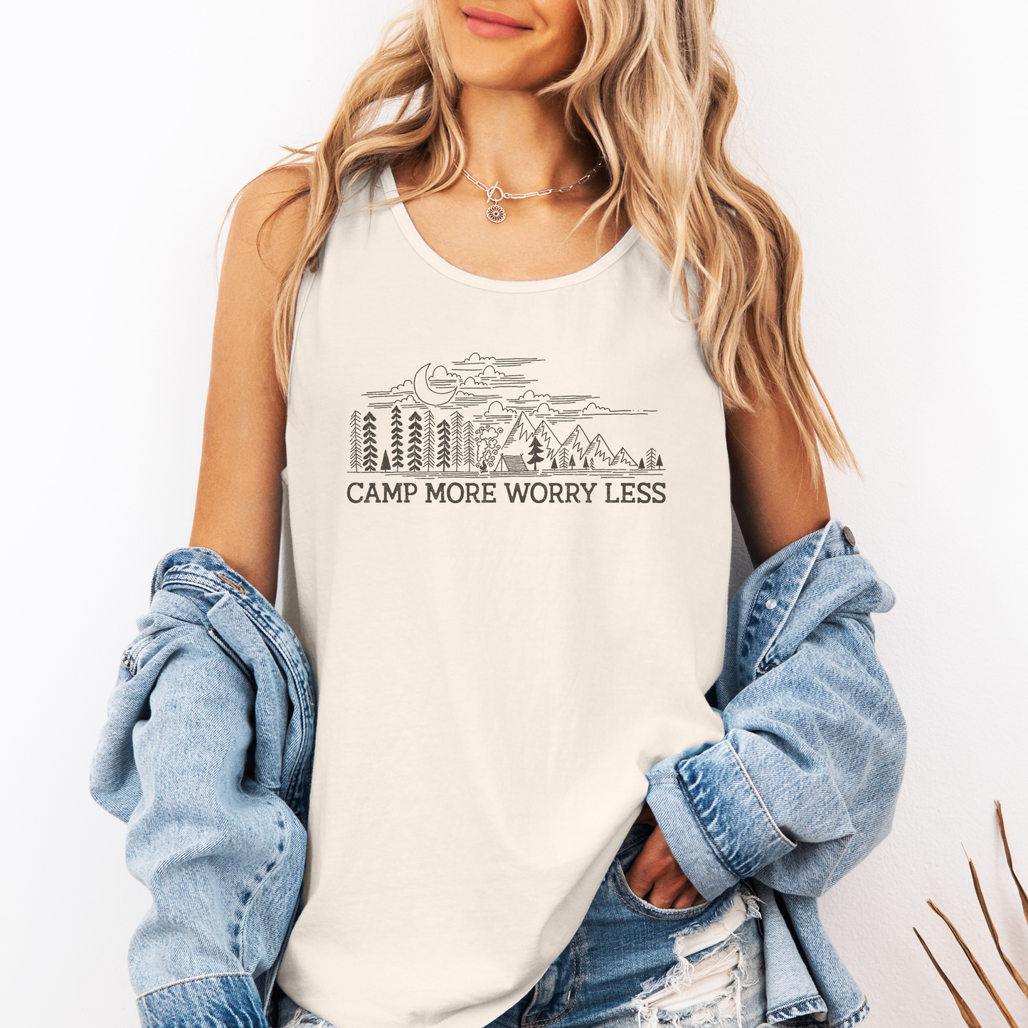 Camp More Worry Less, Camping, Hiking, Outdoors, Nature Comfort Colors Tank Top
