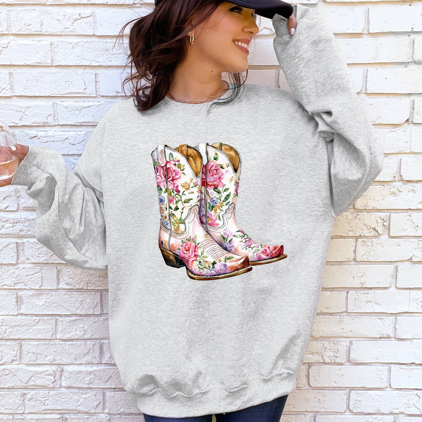 Cowgirl Boots, Pink, Floral, Colorful, Western, Country Sweatshirt