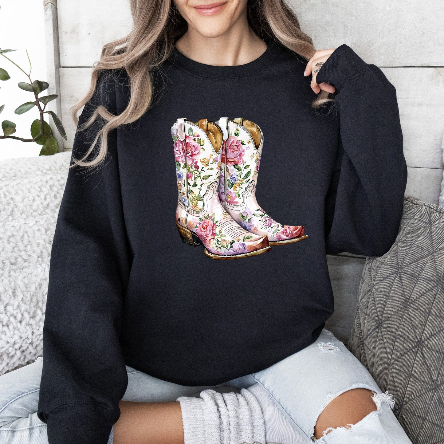 Cowgirl Boots, Pink, Floral, Colorful, Western, Country Sweatshirt