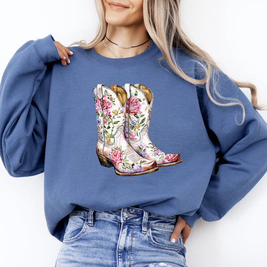 Cowgirl Boots, Pink, Floral, Colorful, Western, Country Sweatshirt