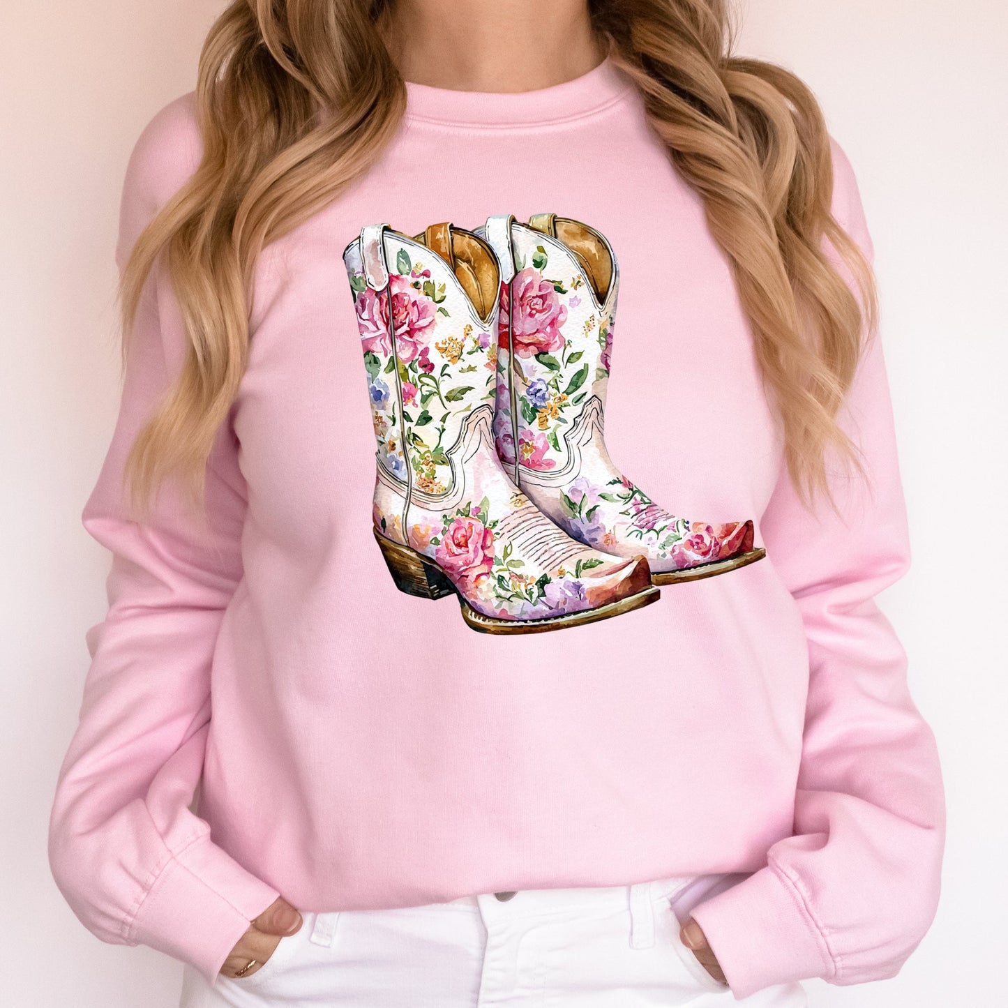 Cowgirl Boots, Pink, Floral, Colorful, Western, Country Sweatshirt