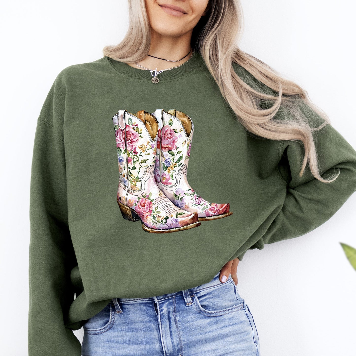 Cowgirl Boots, Pink, Floral, Colorful, Western, Country Sweatshirt