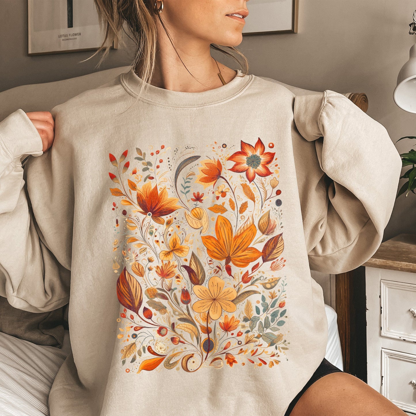 Dried Pressed Leaves And Floral Design, Flowers, Nature, Sweatshirt