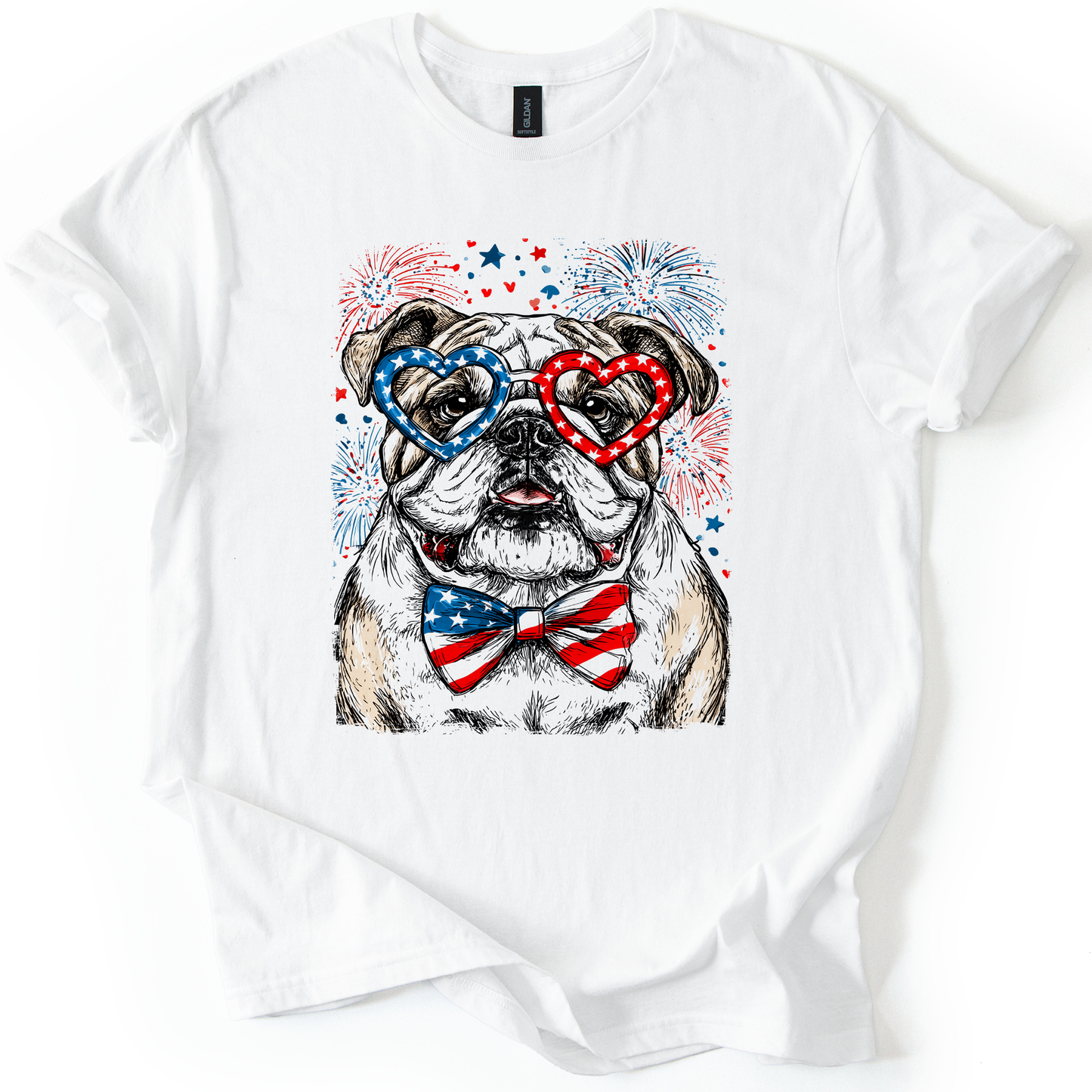 English Bulldog Patriotic Dog, USA, America, Pet Lover, 4th of July, Soft Style T-Shirt