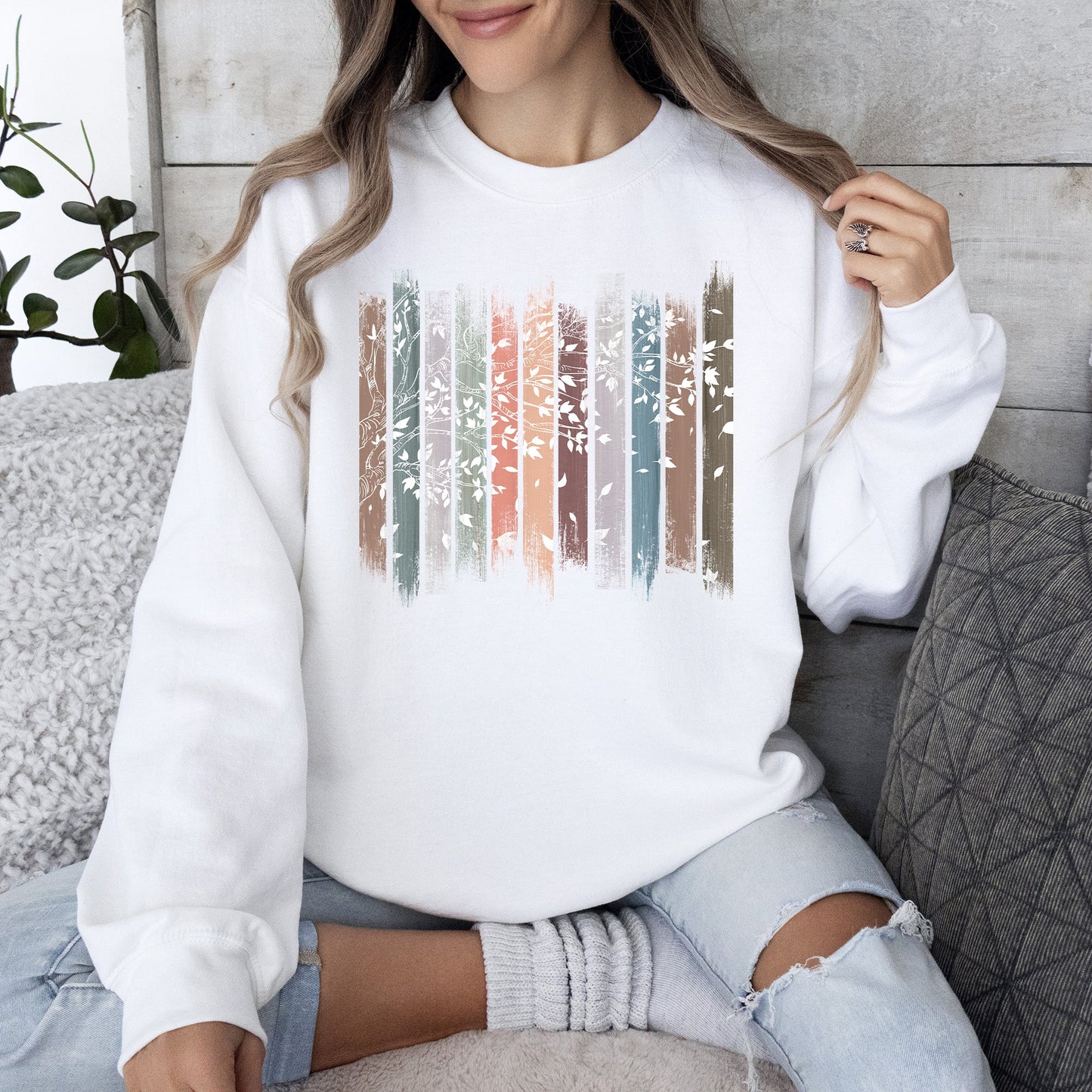 Falling Leaves, Botanical Stripes Sweatshirt