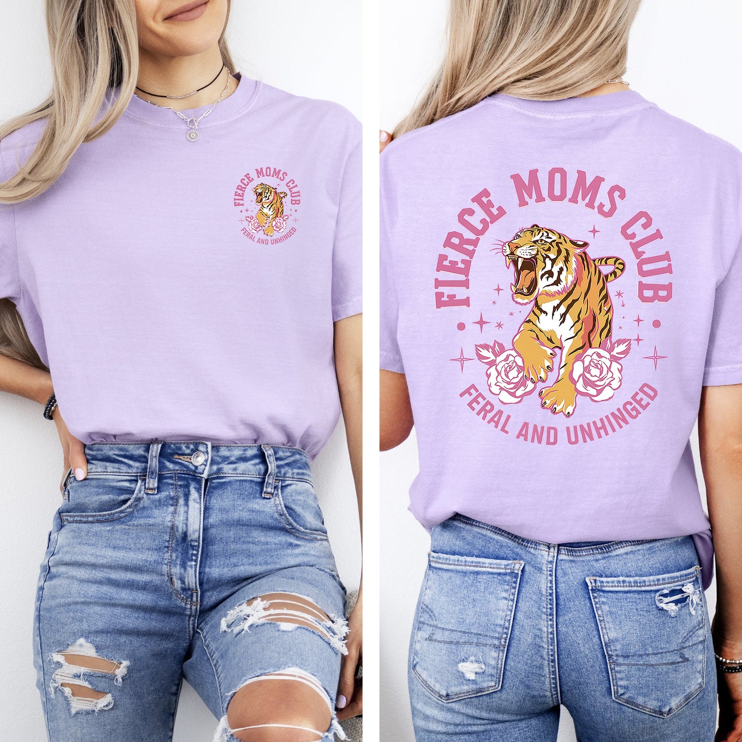 Feral Moms Club, Tiger, Front and Back, Mother's Day Tshirt Comfort Colors T-Shirt