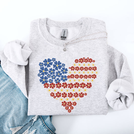 Floral Heart, Patriotic, Red White Blue, USA, America, 4th of July Sweatshirt