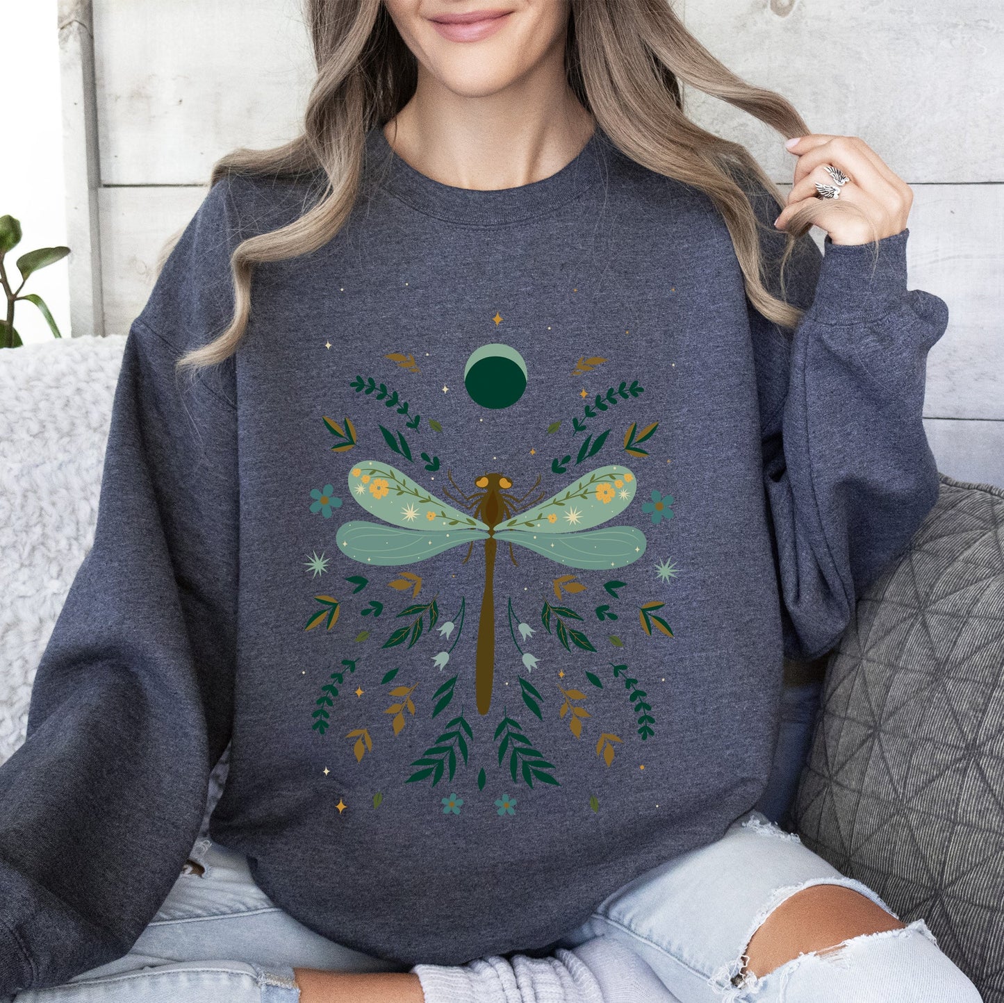 Floral Night Sky, Dragonfly, Moon, and Blooms Sweatshirt