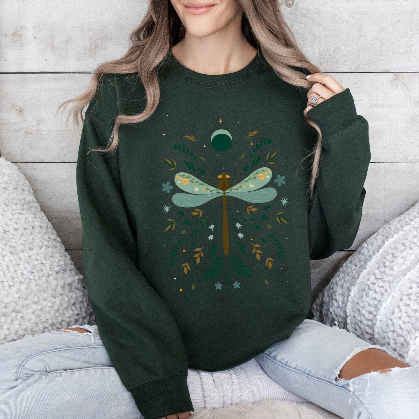 Floral Night Sky, Dragonfly, Moon, and Blooms Sweatshirt