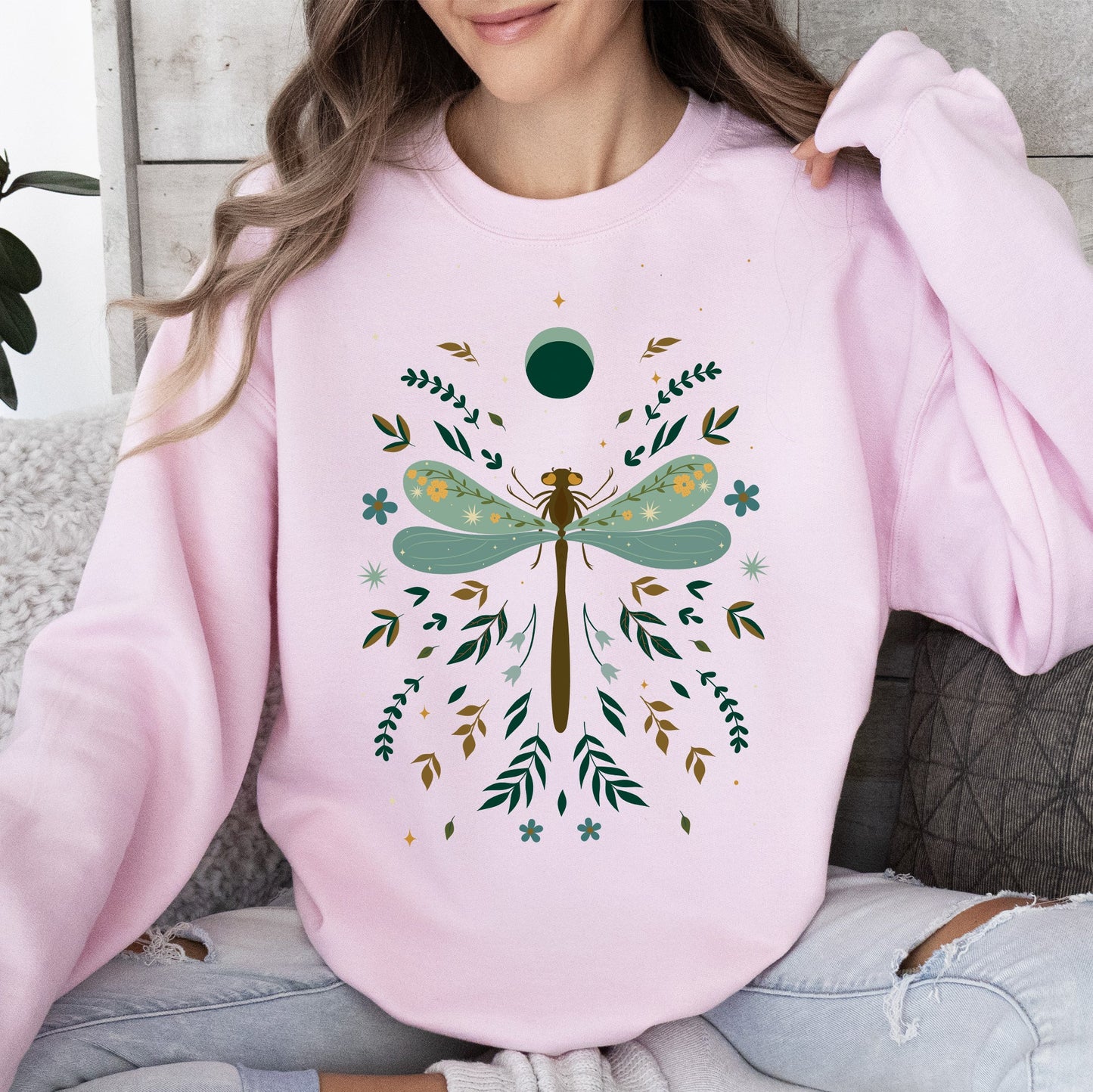 Floral Night Sky, Dragonfly, Moon, and Blooms Sweatshirt