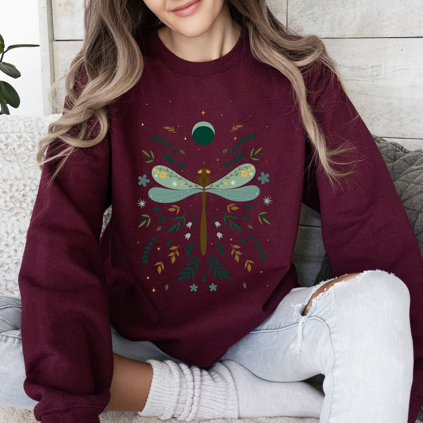 Floral Night Sky, Dragonfly, Moon, and Blooms Sweatshirt