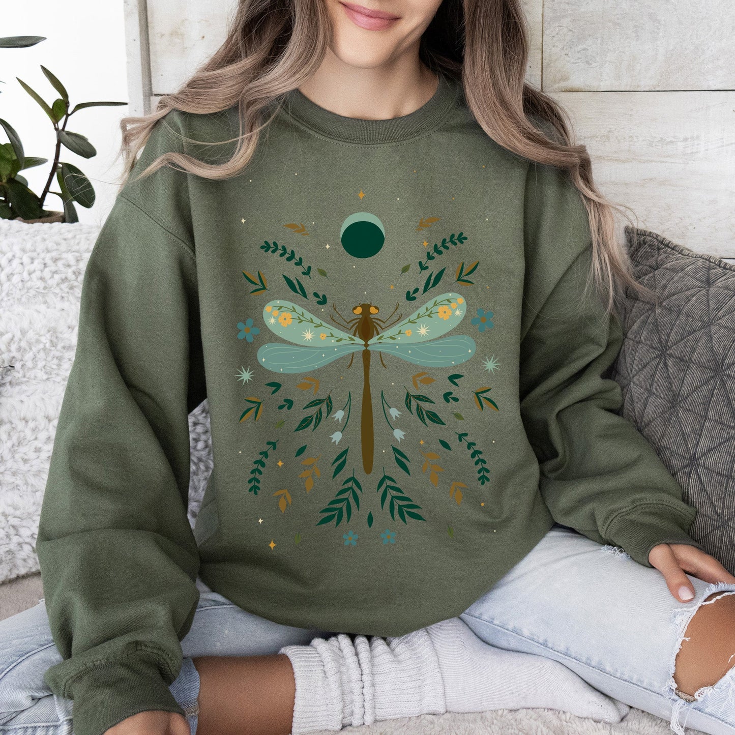 Floral Night Sky, Dragonfly, Moon, and Blooms Sweatshirt