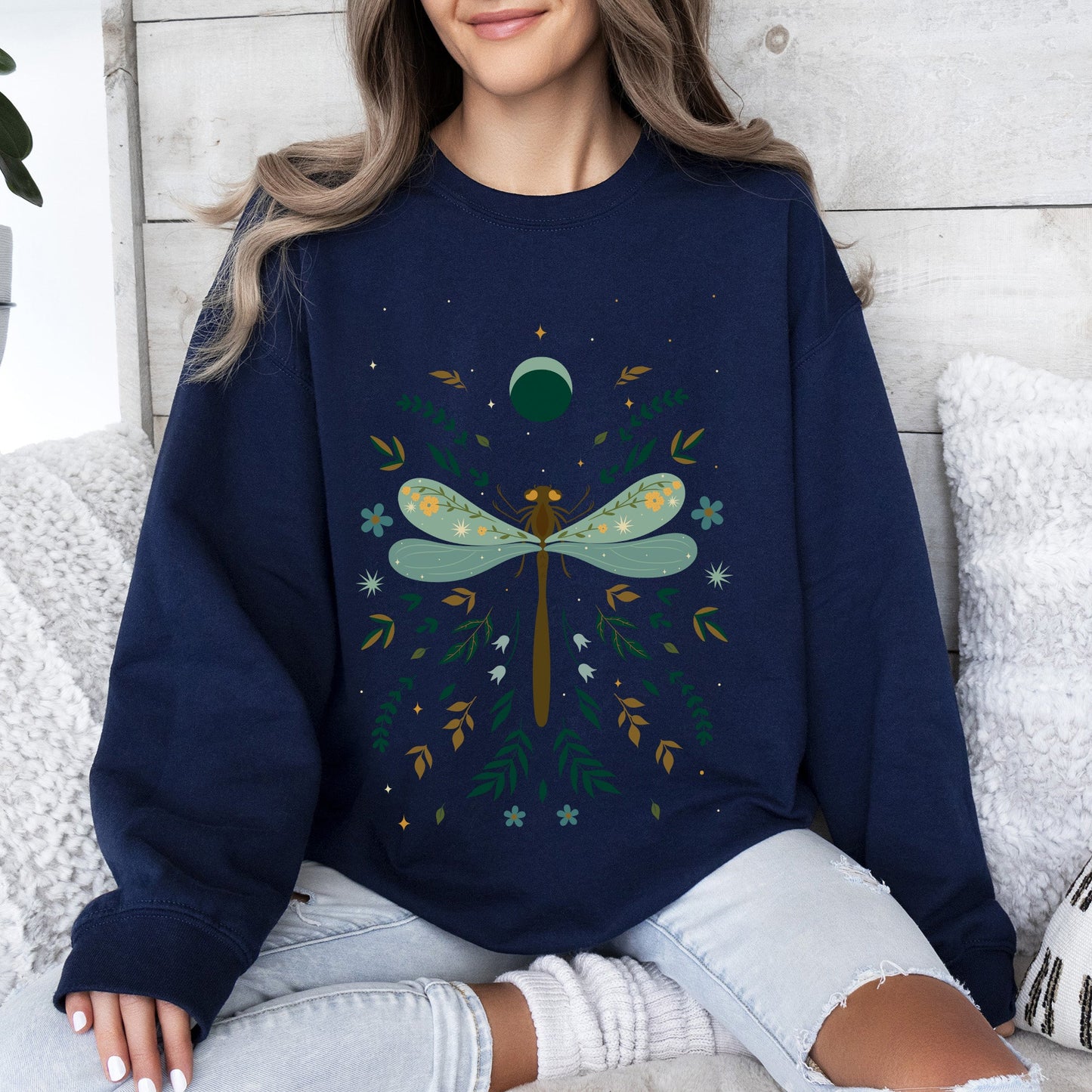 Floral Night Sky, Dragonfly, Moon, and Blooms Sweatshirt