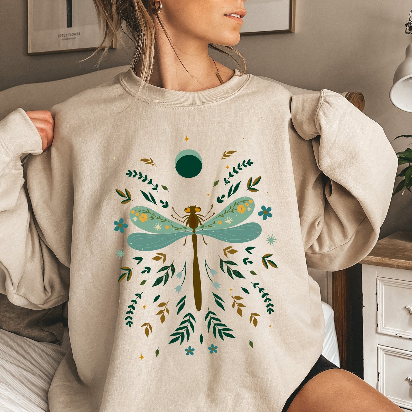 Floral Night Sky, Dragonfly, Moon, and Blooms Sweatshirt