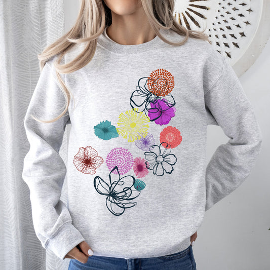 Floral Outlines, Leaves, Flowers, Colorful Sweatshirt