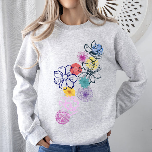 Floral Outlines, Leaves, Flowers, Colorful Sweatshirt