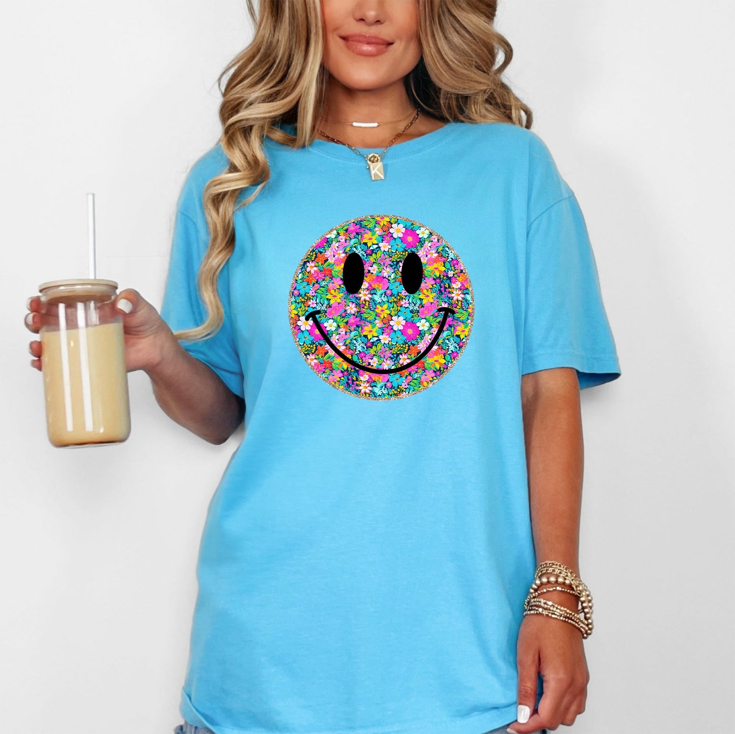 Floral Smiley Face, Retro, Summer, Flowers, Comfort Colors T-Shirt