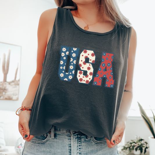 Floral USA, Fourth of July, America, Patriotic, USA Comfort Colors Tank Top