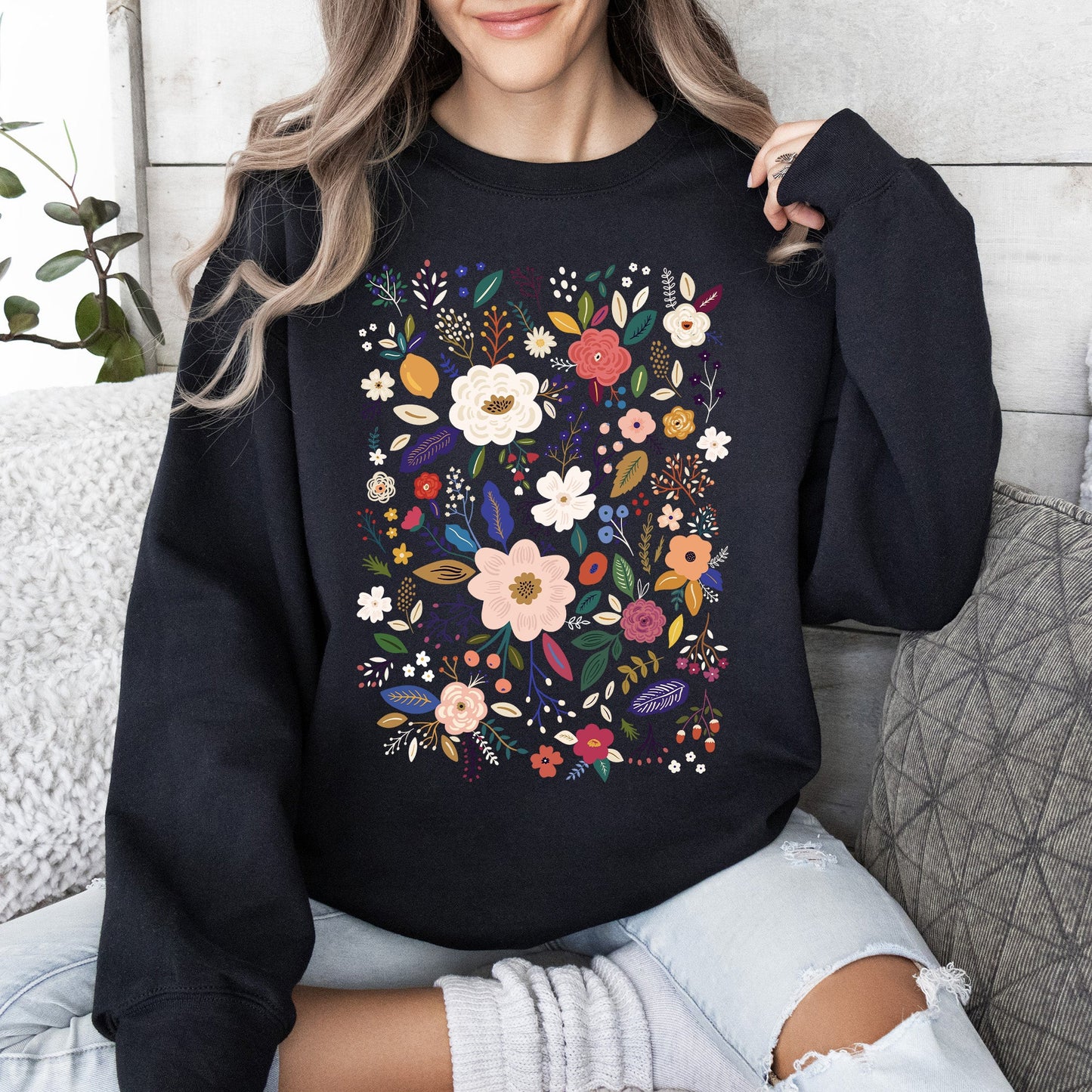 Flower Field, Whimsical Colorful Floral Sweatshirt