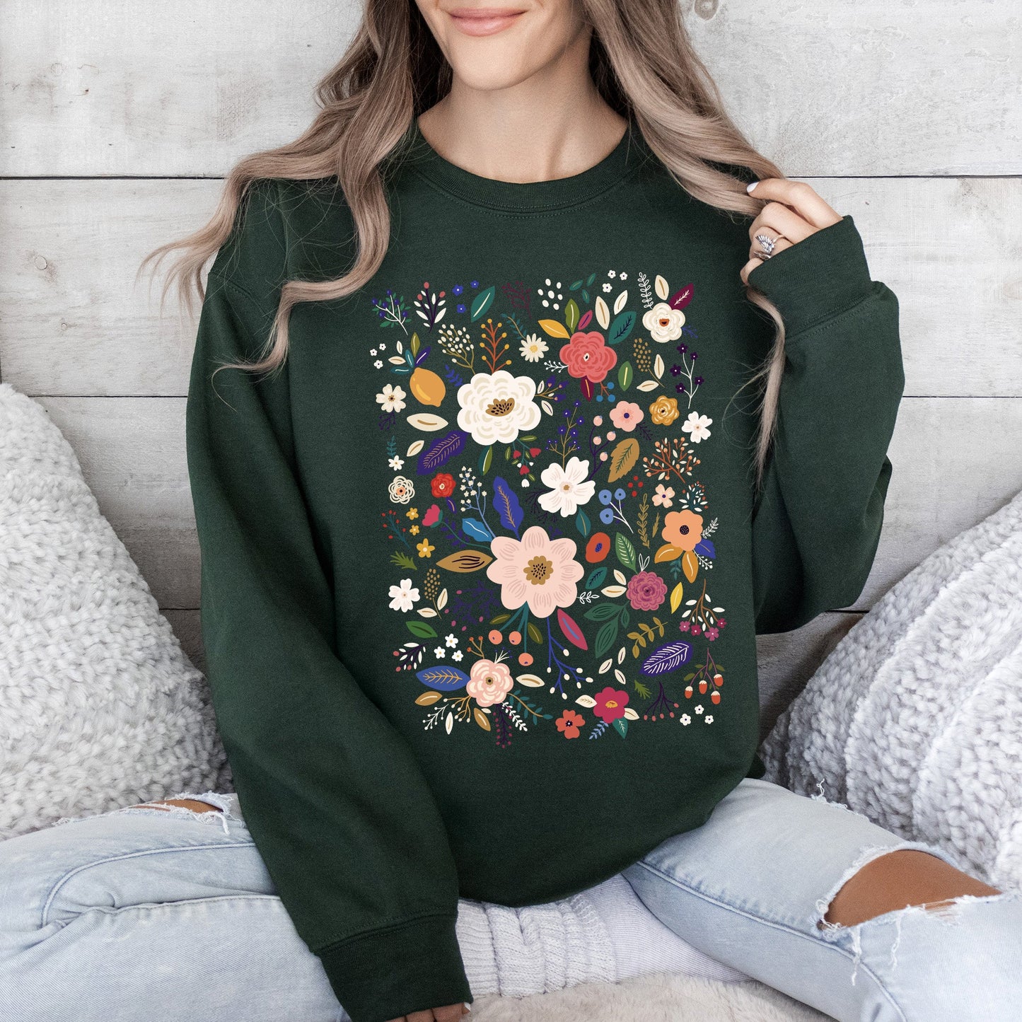 Flower Field, Whimsical Colorful Floral Sweatshirt