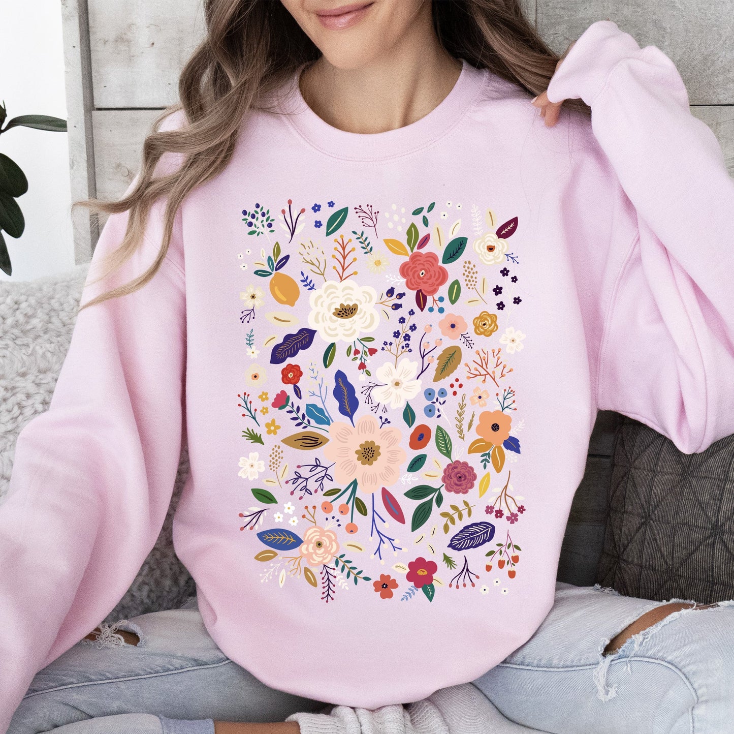 Flower Field, Whimsical Colorful Floral Sweatshirt