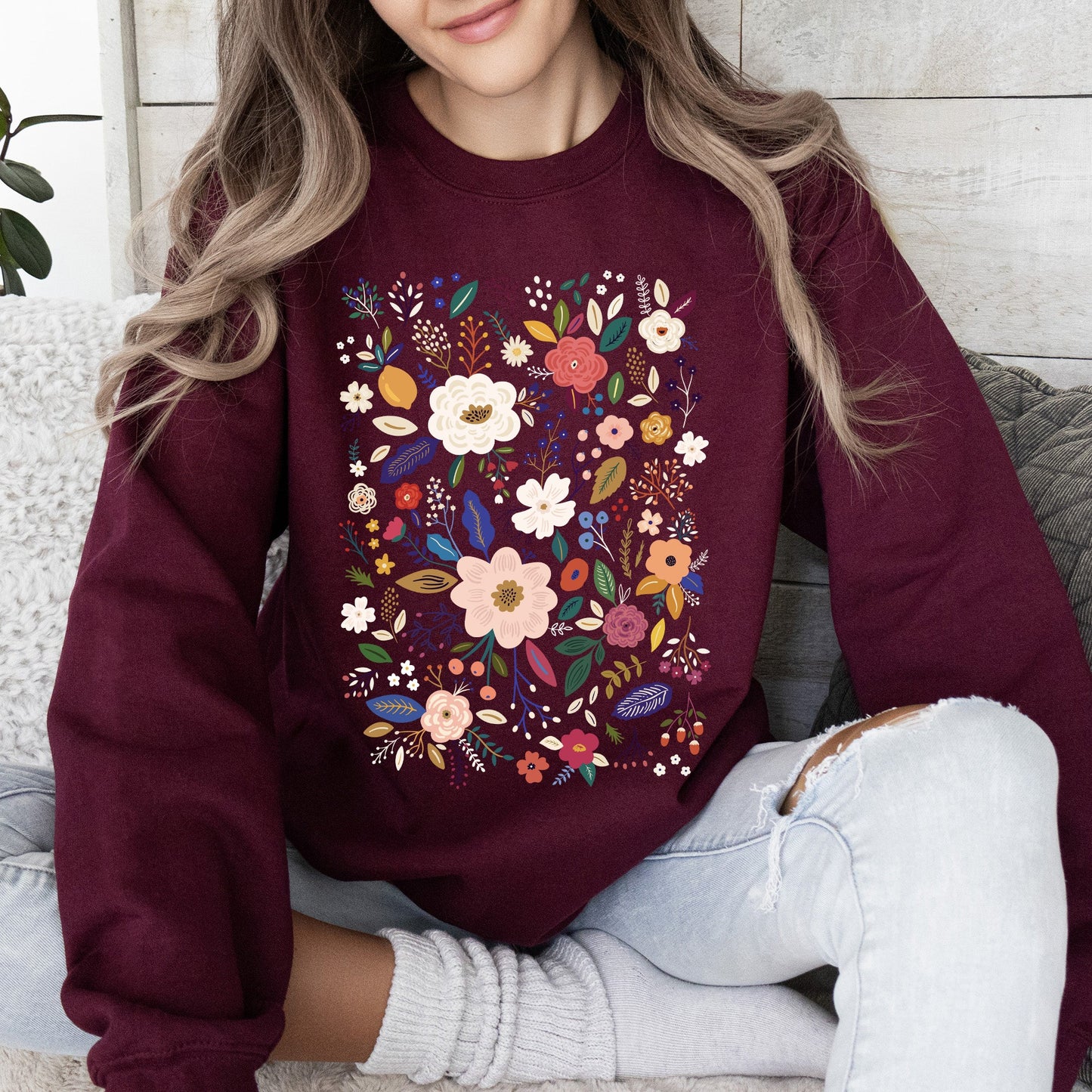 Flower Field, Whimsical Colorful Floral Sweatshirt