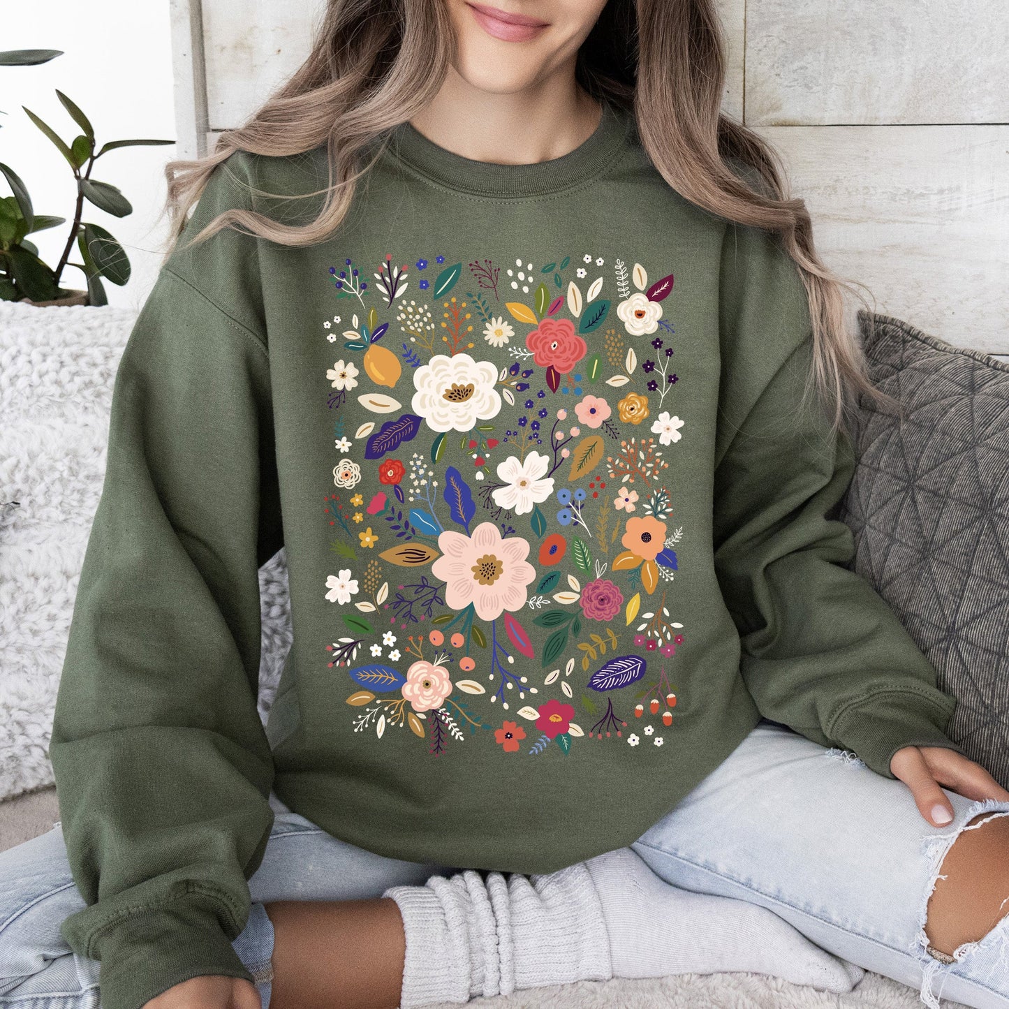 Flower Field, Whimsical Colorful Floral Sweatshirt