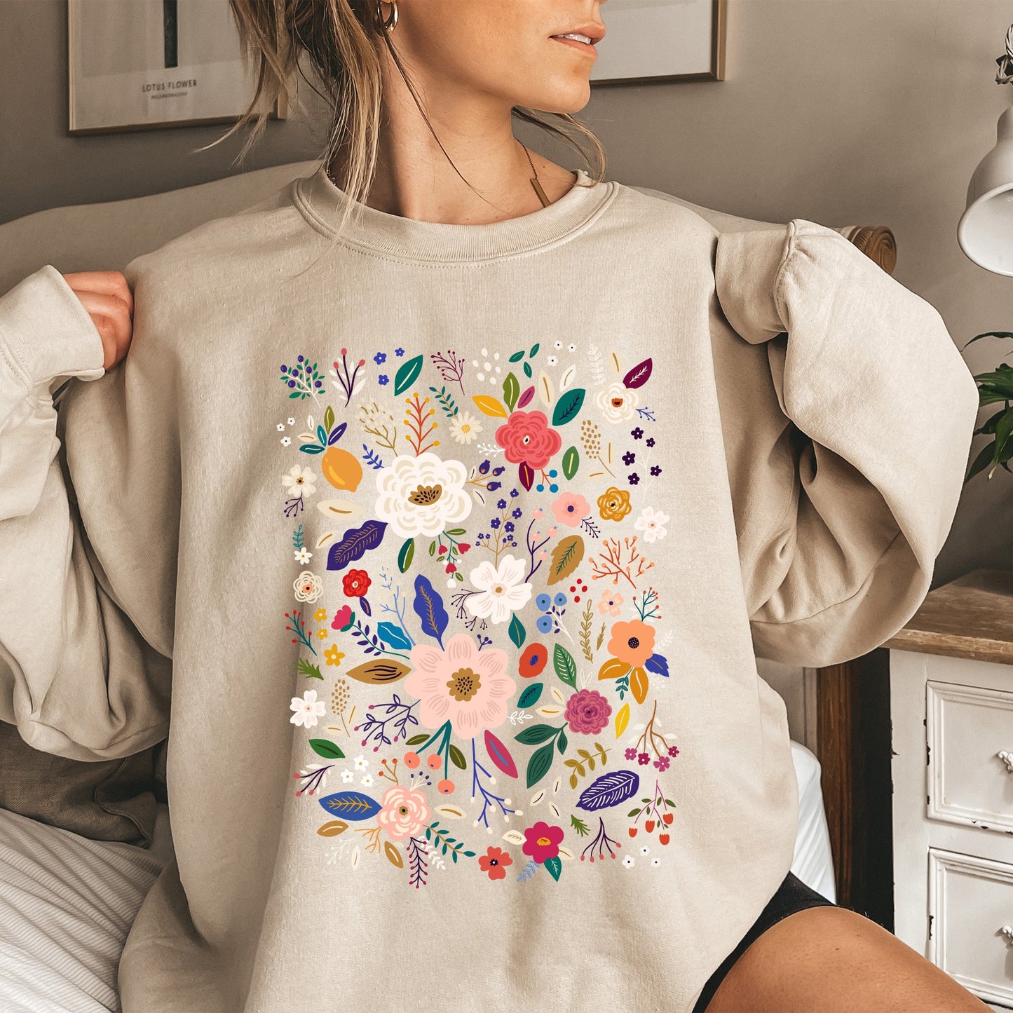 Flower Field, Whimsical Colorful Floral Sweatshirt
