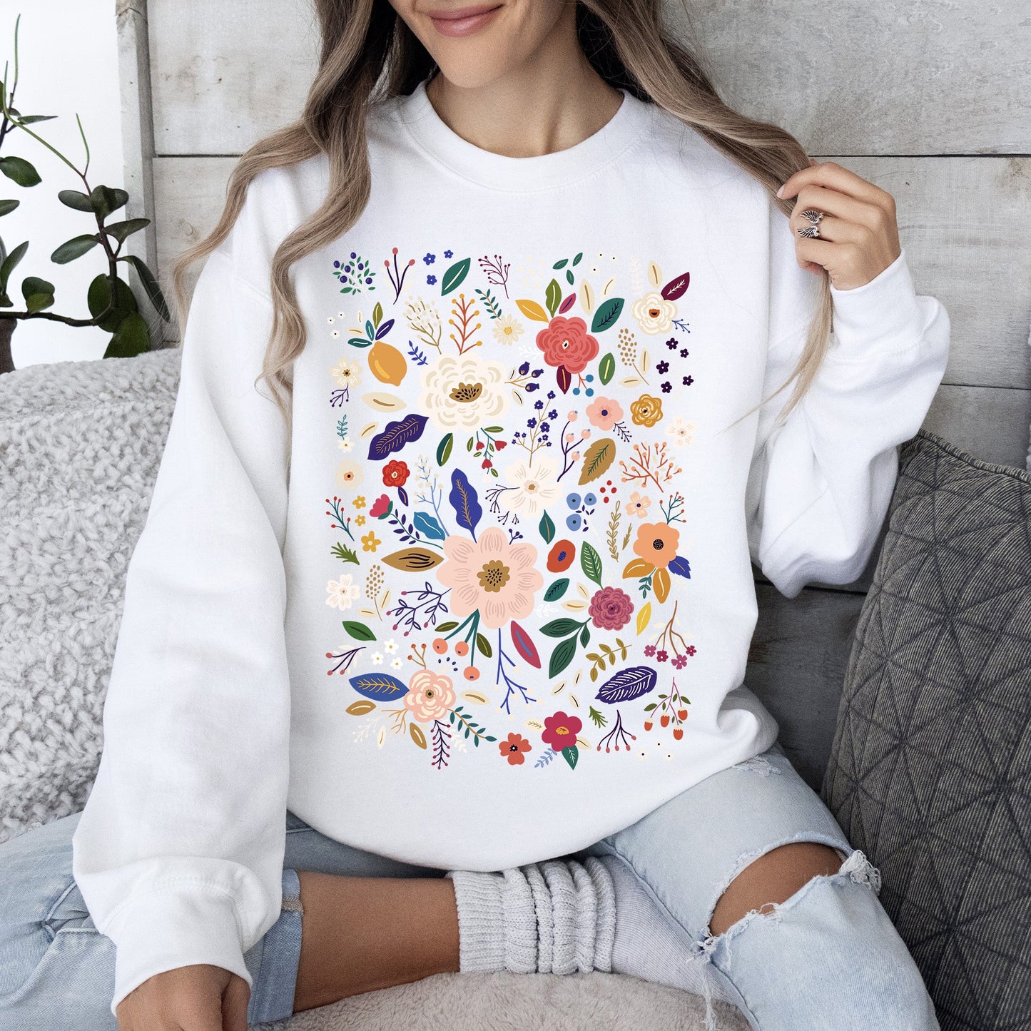 Flower Field, Whimsical Colorful Floral Sweatshirt
