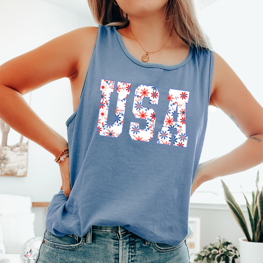 Flower USA, Fourth of July, America, Patriotic, USA Comfort Colors Tank Top