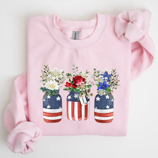 Flowers In Mason Jars, All American, Patriotic Sweatshirt