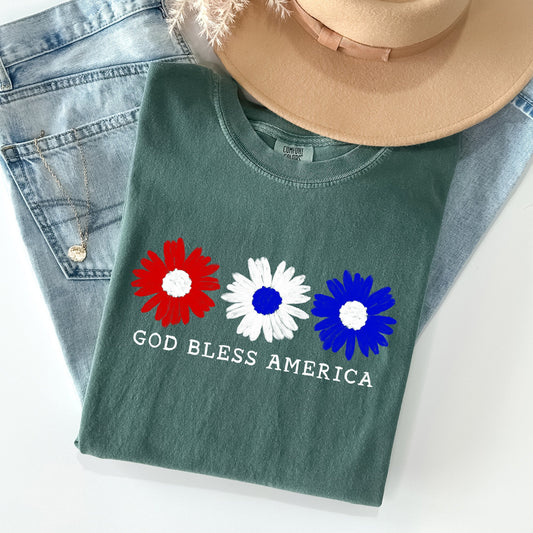 Flowers, God Bless America, Red White Blue, Tshirt Comfort Colors T-Shirt