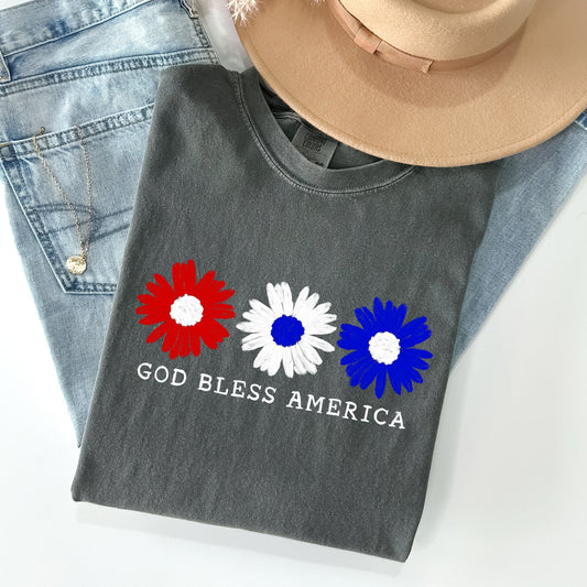 Flowers, God Bless America, Red White Blue, Tshirt Comfort Colors T-Shirt