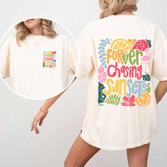 Forever Chasing Sunsets, Colorful, Flamingo, Beach, Summer, Comfort Colors T-Shirt