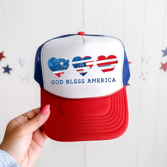 God Bless America, Hearts, Patriotic, Snapback Trucker Hat