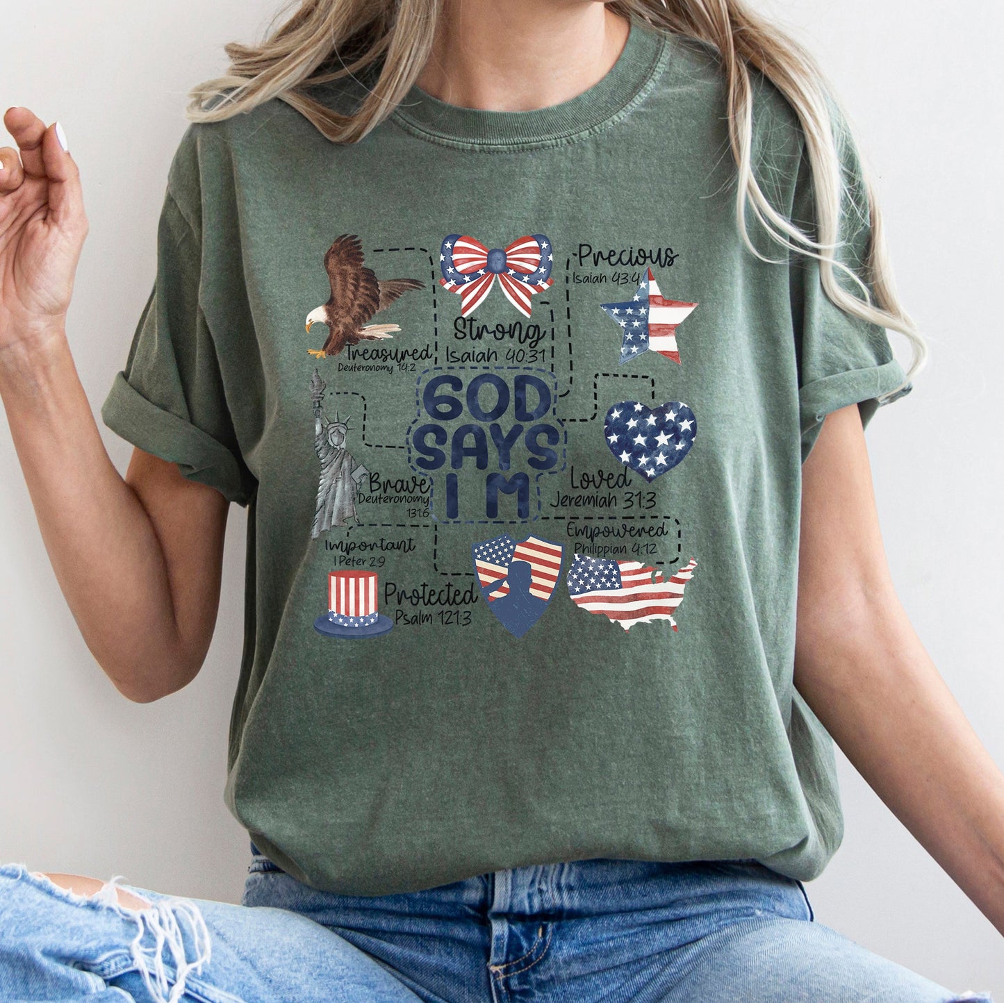 God Says I Am, Patriotic, Protected, Strong, Powerful, Brave, Comfort Colors Tshirt