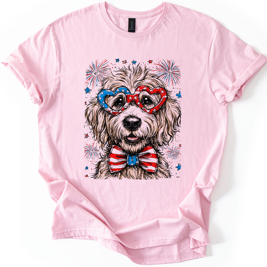 Golden Doodle Patriotic Dog, USA, America, Pet Lover, 4th of July, Soft Style T-Shirt